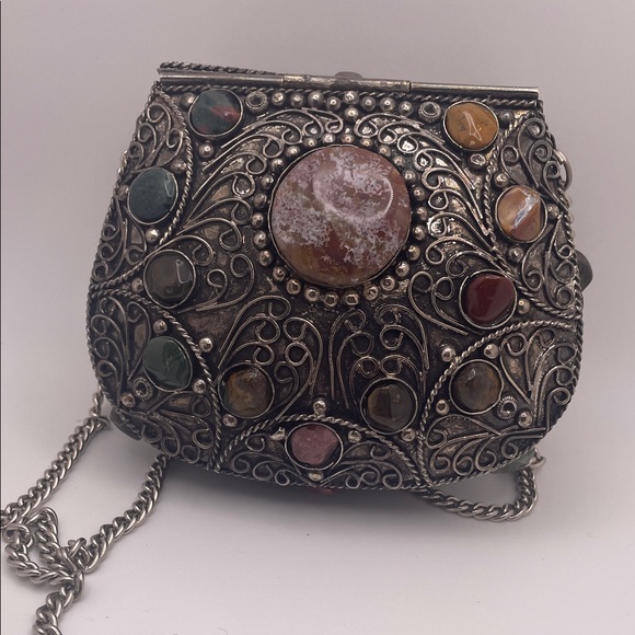 Vintage Sajai inlaid natural agate stones gems Multi-Color Stone Embellished Bag - Picture 15 of 17